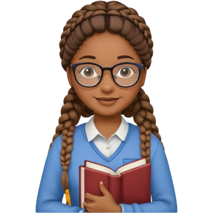 A student, girl, brown skin, braid hair, wearing glasses, hold book in front of their chest emoji