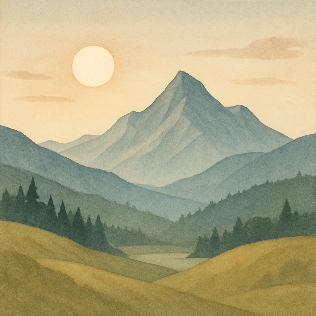 simple mountain landscape with sun, peaceful and scenic, general style emoji