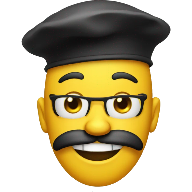 round yellow face with black beret, smiling with just one tooth, unkempt and unshaven emoji