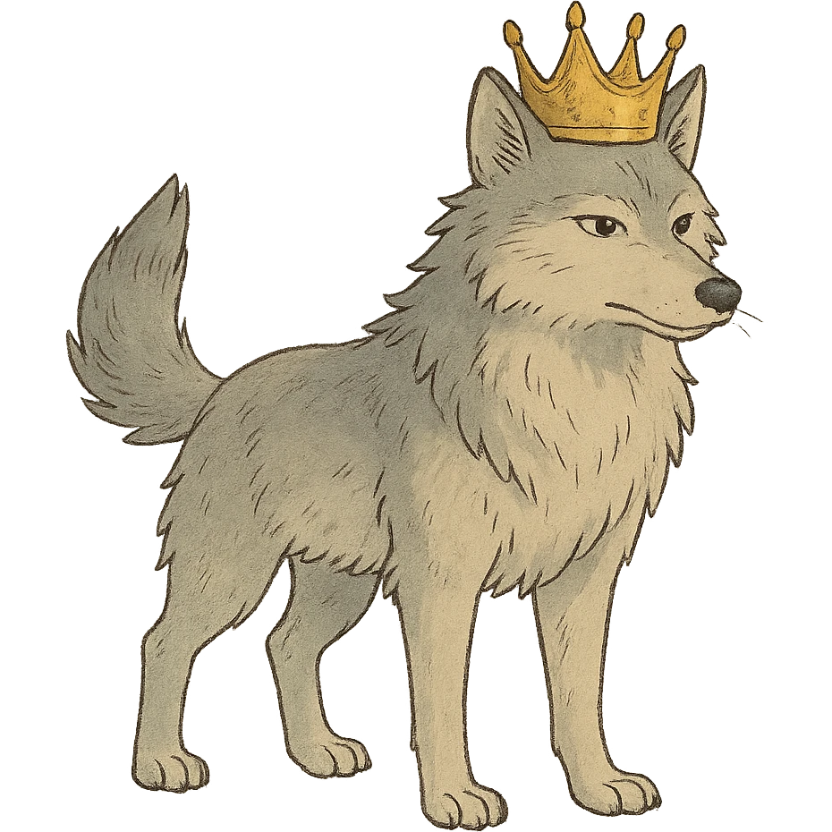 ghibli style wolf with a crown emoji