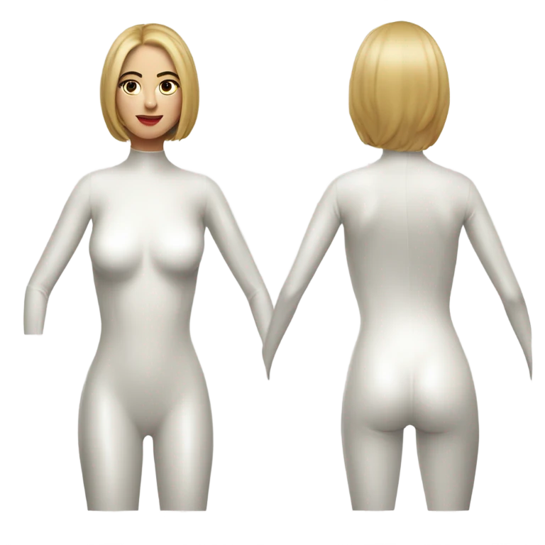 white woman white latex bodysuit full front and back emoji