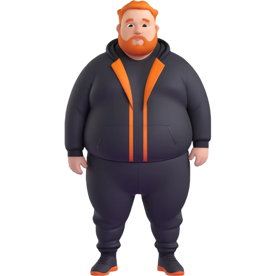 Extremely fat man with orange hair wearing black tracksuit with orange lines emoji