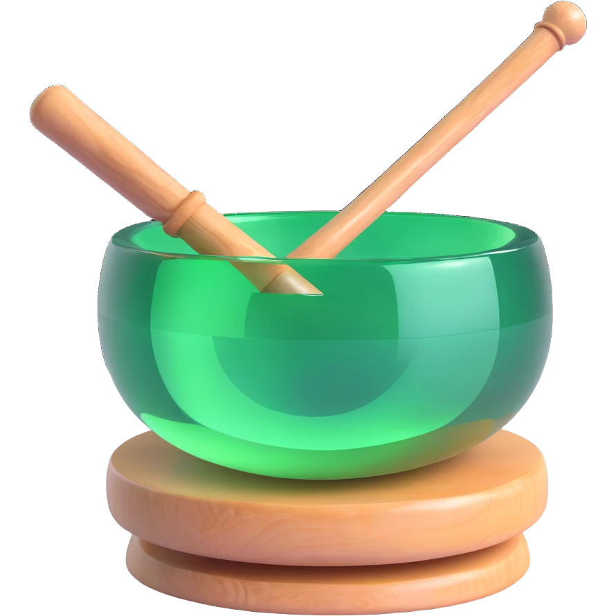 green crystal singing bowl with a mallet in it, highly detailed, glassy and reflective emoji