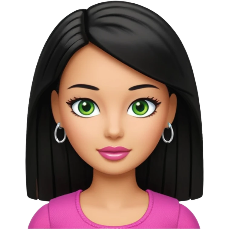 Barbie with olive skin, black straight hair and green eyes emoji