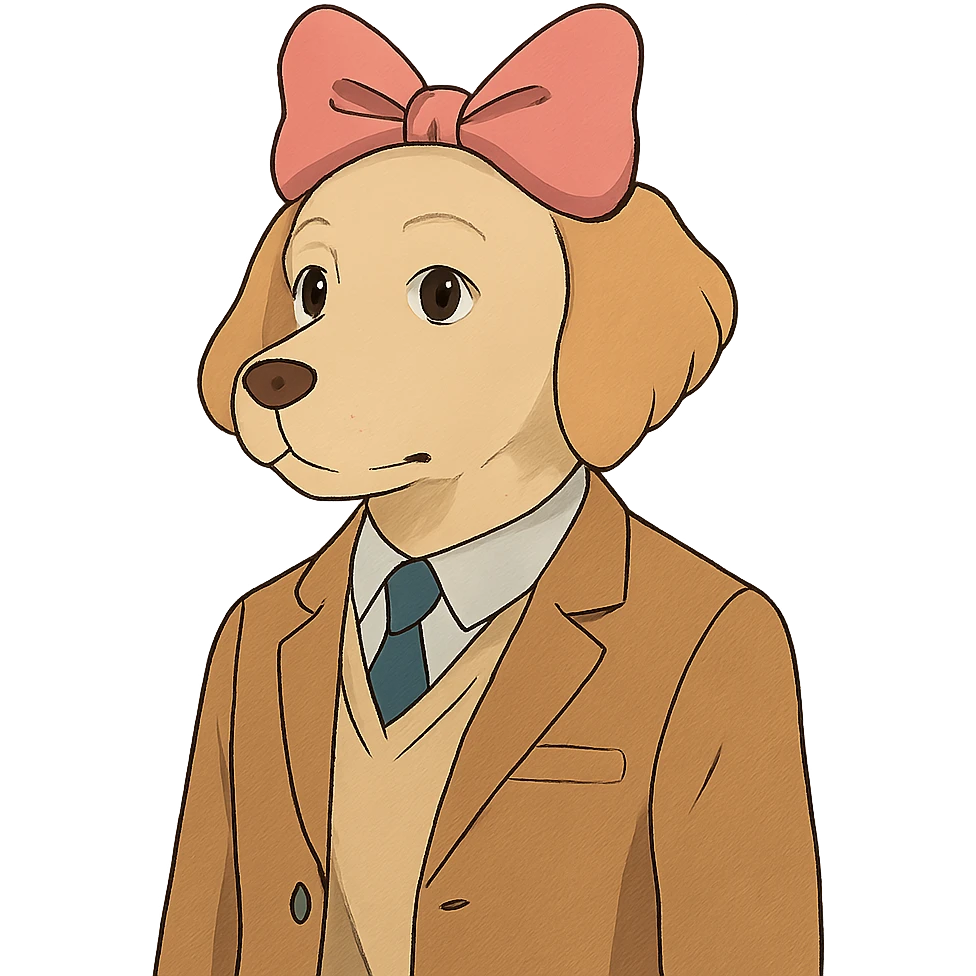 preppy dog with a pink head piece bow in ghibli style emoji