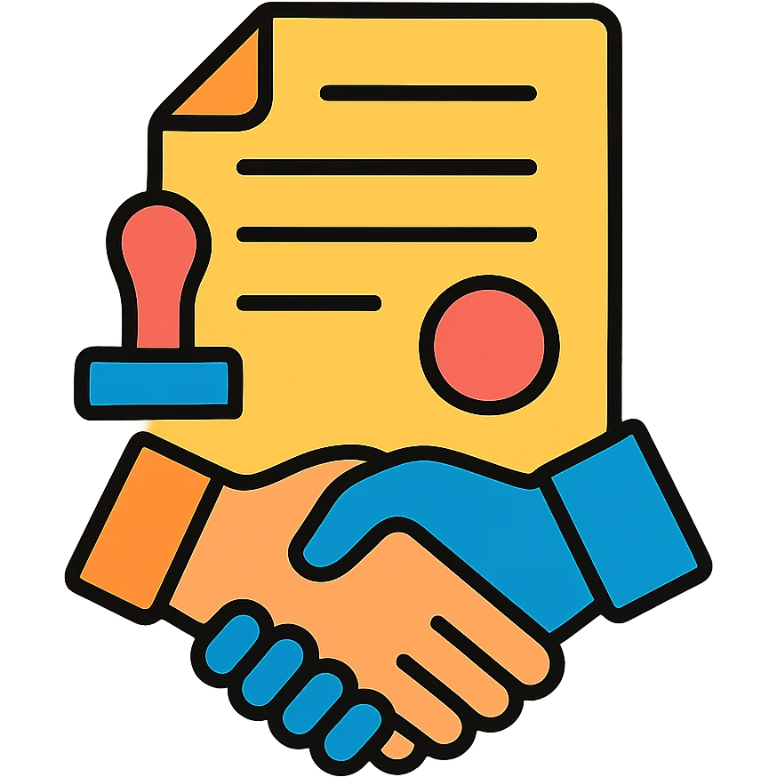 Contract document with official stamp and handshake - representing Commande Publique emoji