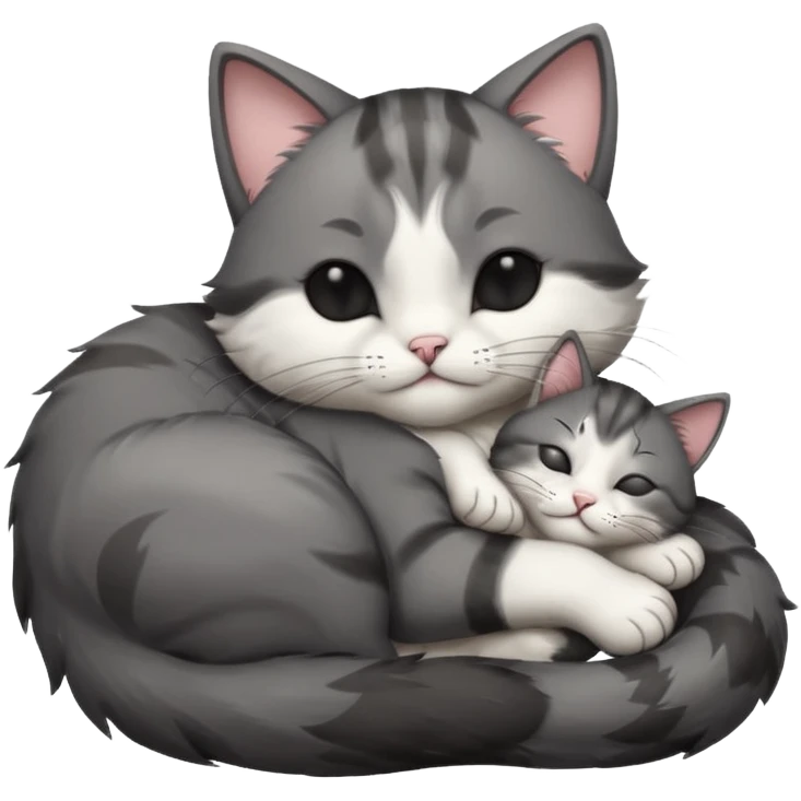 dark grey and white small cat with its eyes closed lying down leaning on its elbow with its paw curled under its head holding it up emoji