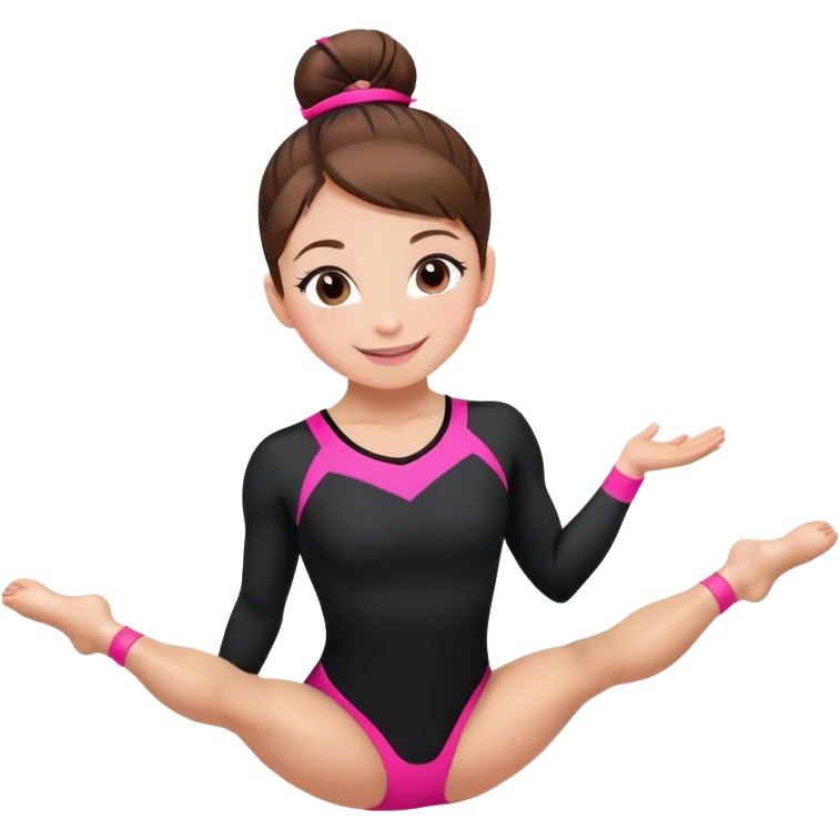 Happy female gymnast with brown hair in a neat bun, wearing a black uniform with neon pink elements. emoji