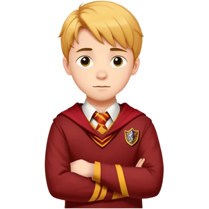 A teenage boy slightly to the side looking forward with crossed arms wearing the Gryffindor uniform emoji