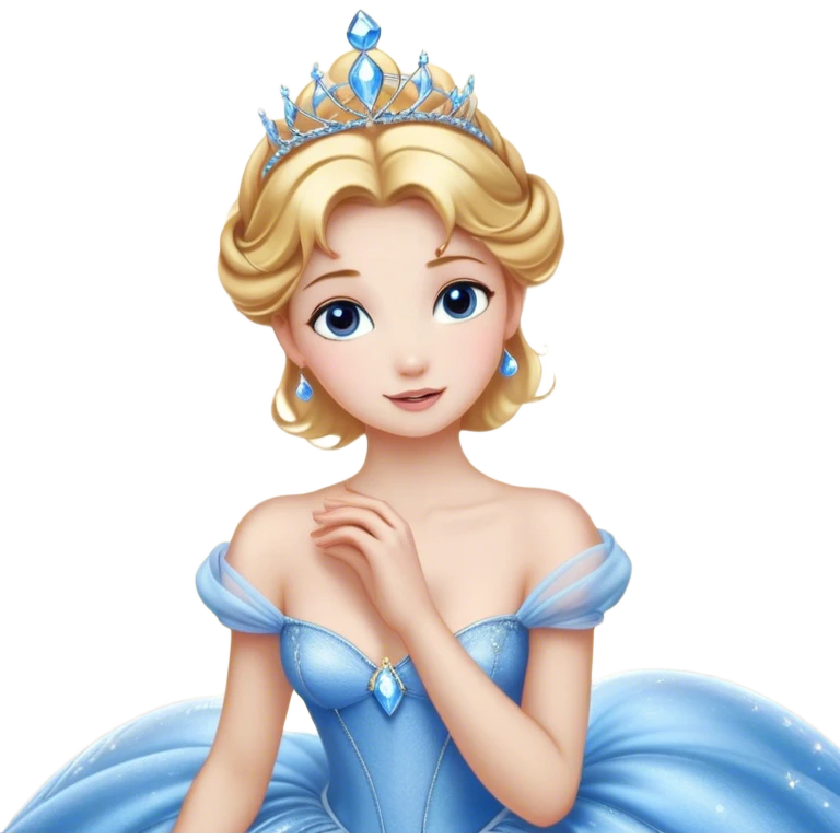 Cinematic Stunning Cinderella Portrait Emoji, Radiant in her sparkling blue ball gown, golden hair in a perfect updo, soft blue eyes full of wonder, glistening tiara, glowing with an ethereal beauty, regal yet kind, a dreamlike aura surrounds her, capturing the essence of a fairy tale princess, elegant and breathtaking! emoji