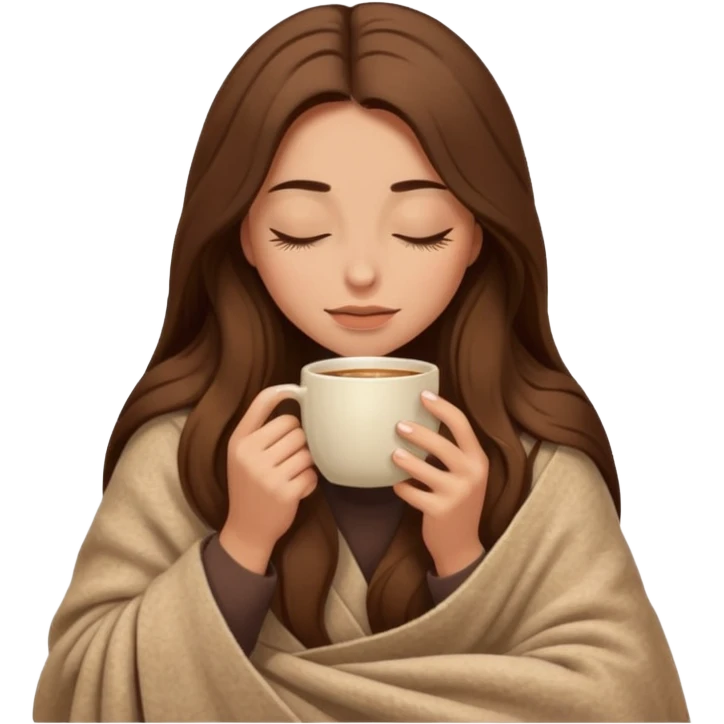 long brown hair woman closed eyes hiding under a cozy wool beige blanket, holding cup of coffee, autumn mood emoji