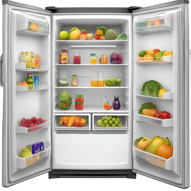 A white double door fridge with both doors open. Inside it has shelves with fruit and vegetables in organized containers. Also clear bottles filled with juices that is organized emoji