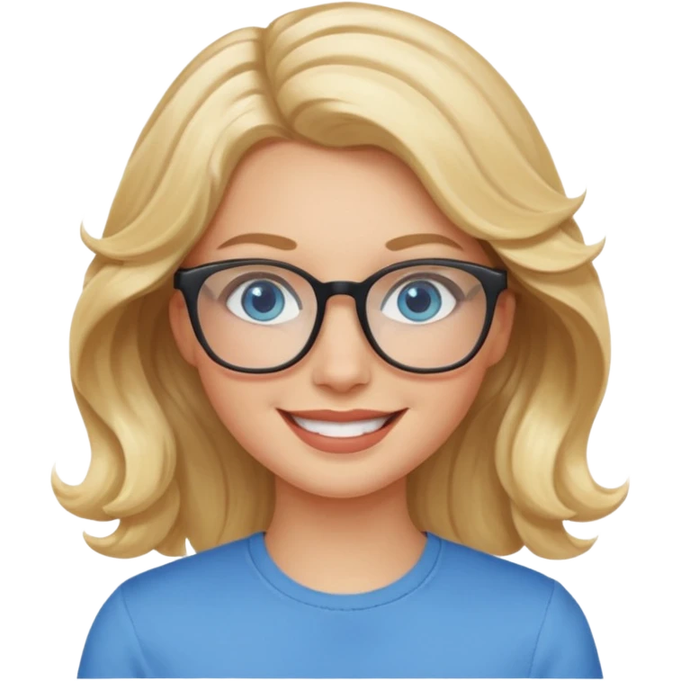 White girl with wavy, blonde hair, blue eyes, and glasses. emoji