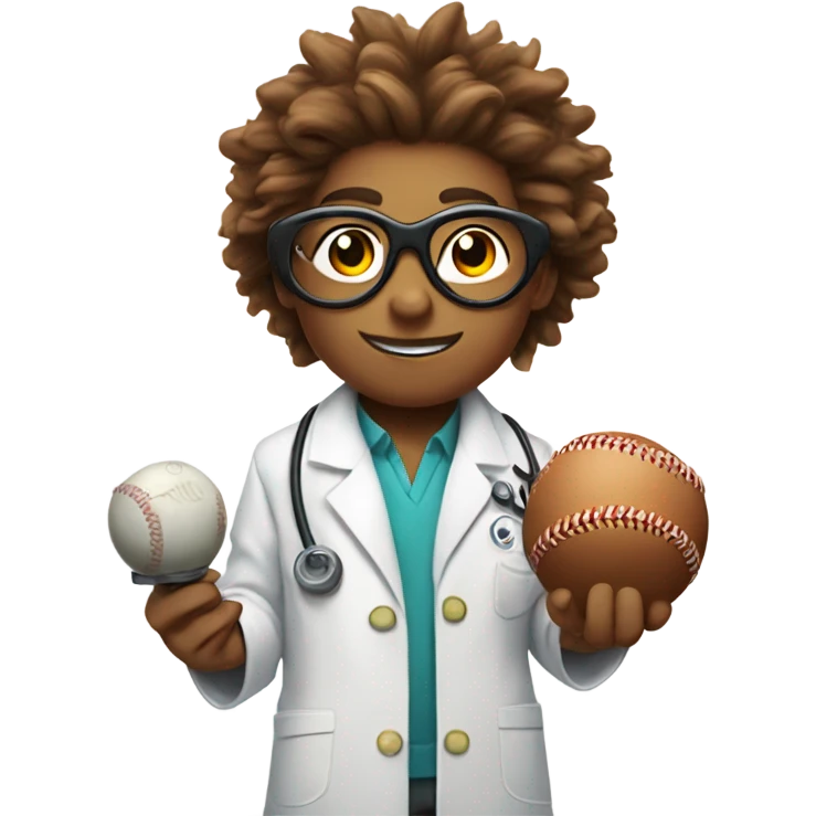 cartoon scientist with wild hair, wearing a lab coat and goggles holding a baseball players swine emoji
