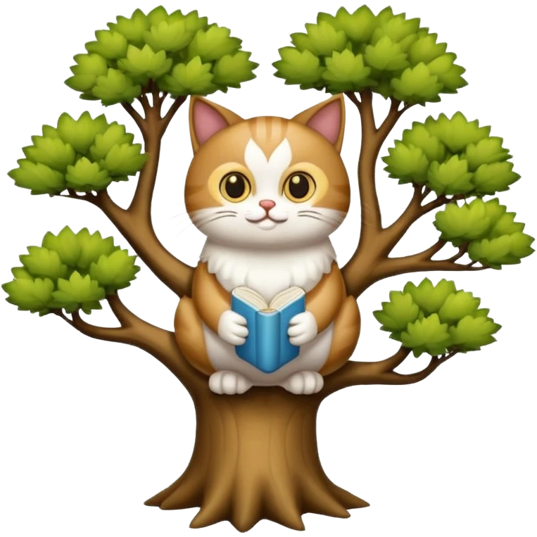 crea un gato con alas de búho con pelaje color cafe y blanco y que este en la rama de un árbol emoji