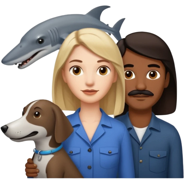 Quiero a una mujer blanca  con el pelo por el hombro lacio castaño claro con un hombre morochito con el pelo negro y bigote, y un perro blanco tipo perro cabeza de martillo emoji