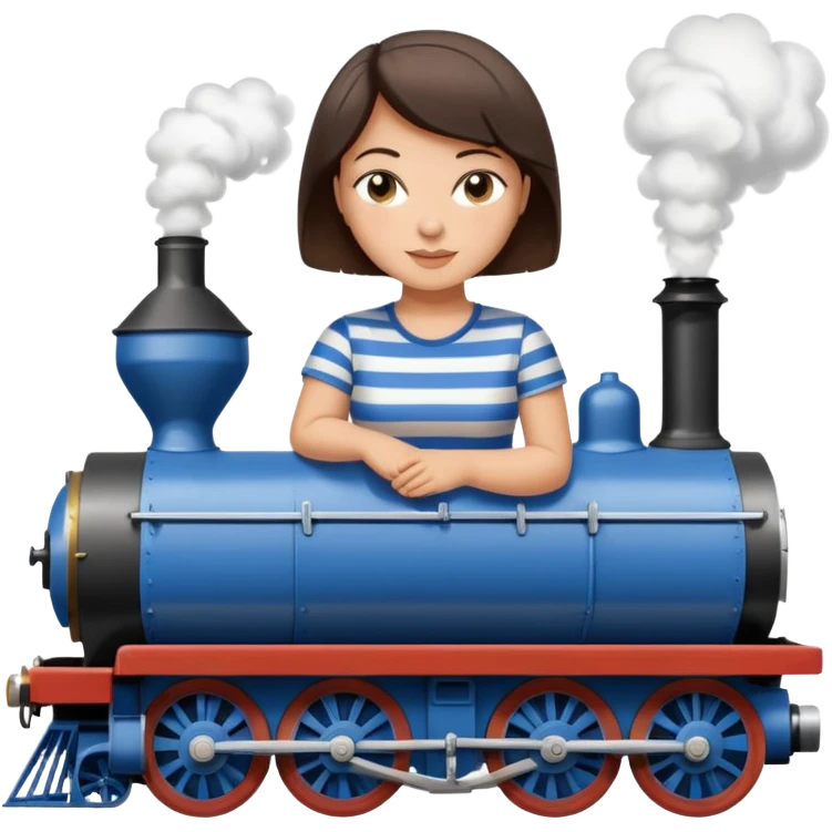 Pretty, sexy, slightly curvy white woman with short dark brown hair, wearing a blue and white striped tee shirt, riding a steam train emoji