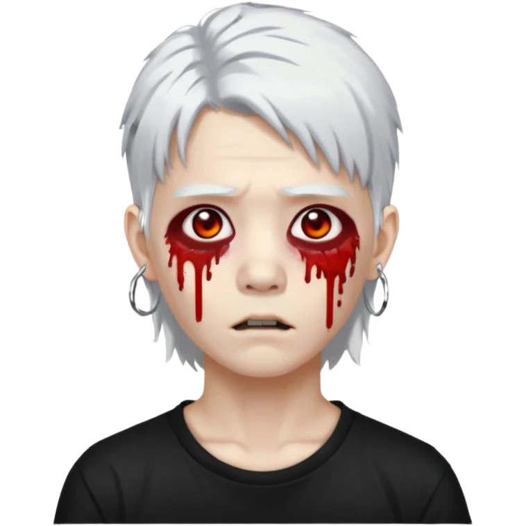 ok make a zombie avatar that has pale skin more like zombie not human, young, asian, mullet hair, white hair with hoop earrings wearing just a black T shirt white blood from the eyes, p emoji