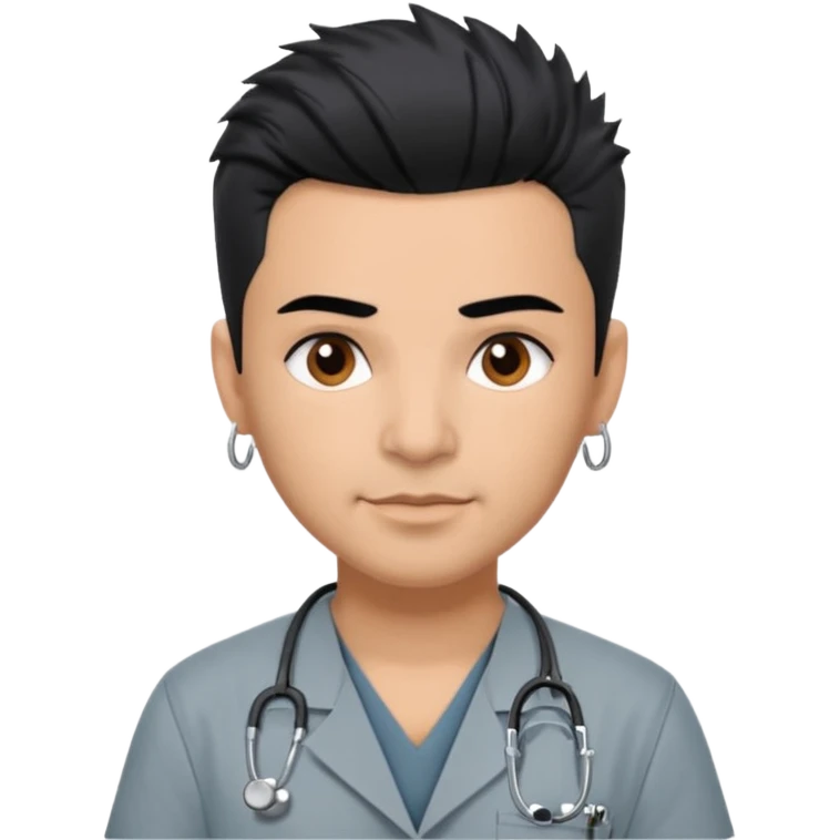 Dr. Efrén Rivera Santiago, a doctor with short spiked hair, gray scrubs, tattoos, and hook earrings, exudes professionalism and warmth. emoji