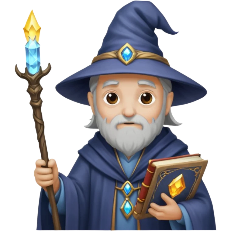 Old wizard with staff and glowing spellbook emoji