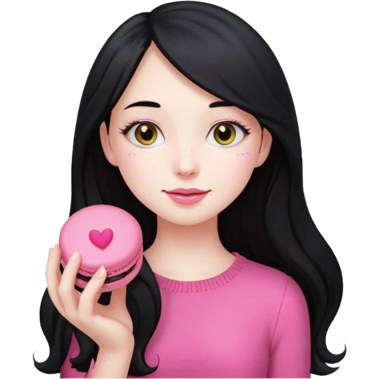 pale girl with long black hair holding a pink macaron, emoji style emoji