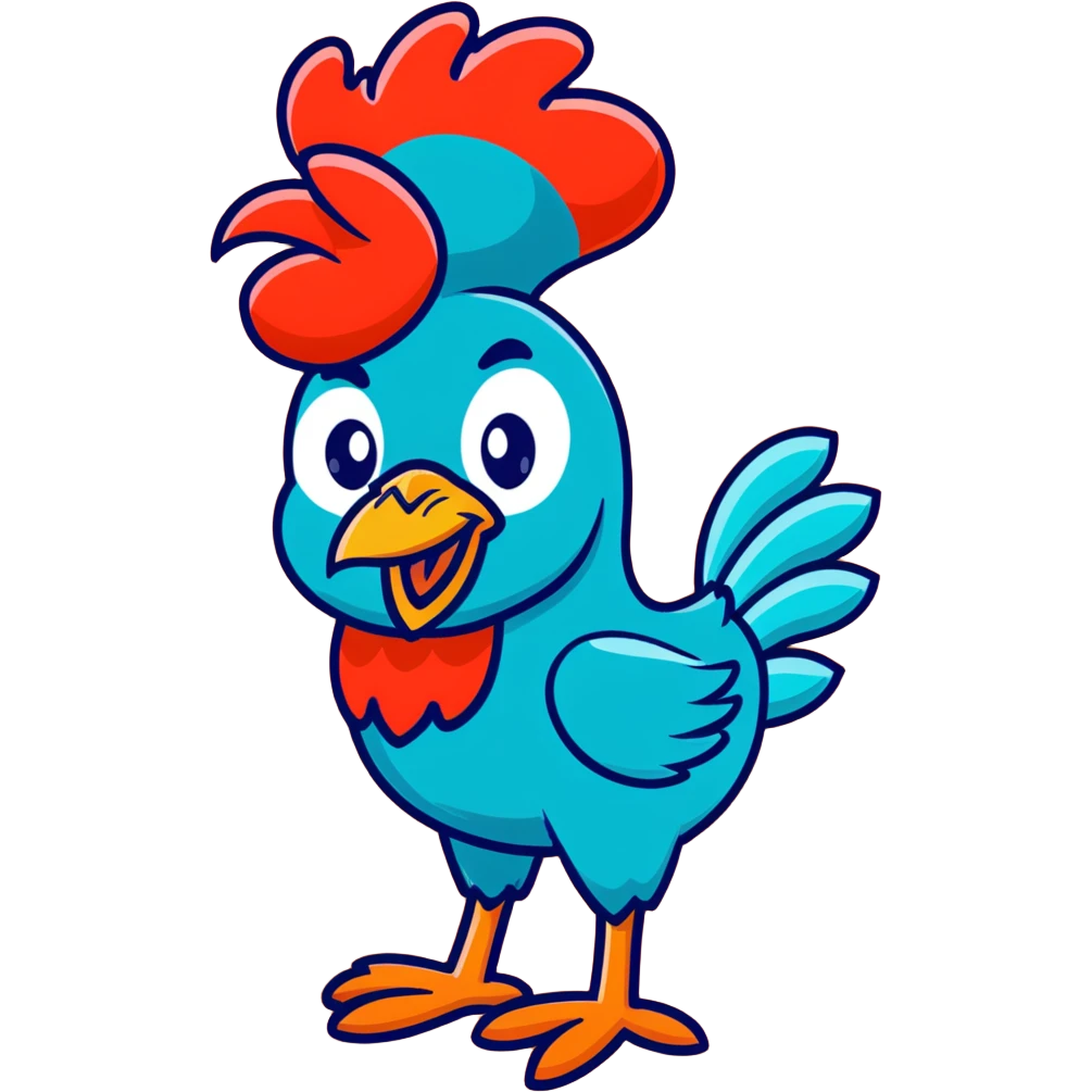 A goofy tropical rooster with teal blue feathers, big bulging eyes, tall red comb, skinny legs, comical expression emoji