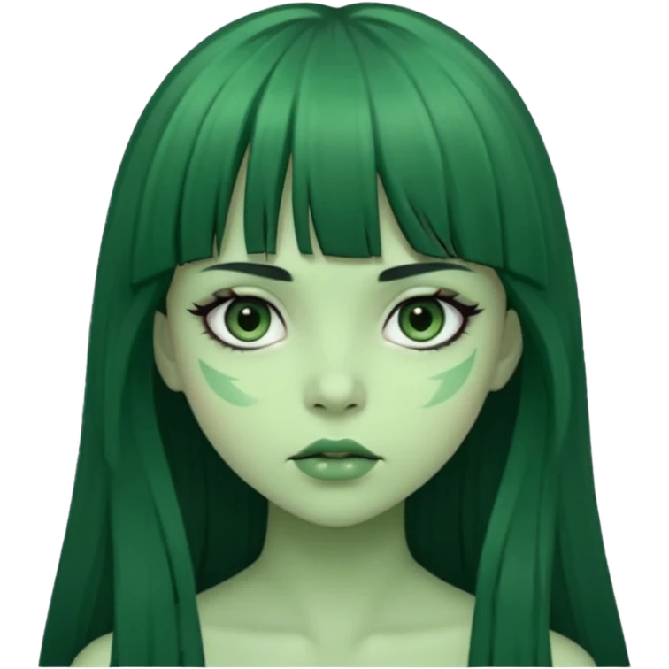 queria um emoji de zumbi verde de uma garota, olhos pretos, cabelos escuros e longos, com uma franja acima da sobrancelha  emoji
