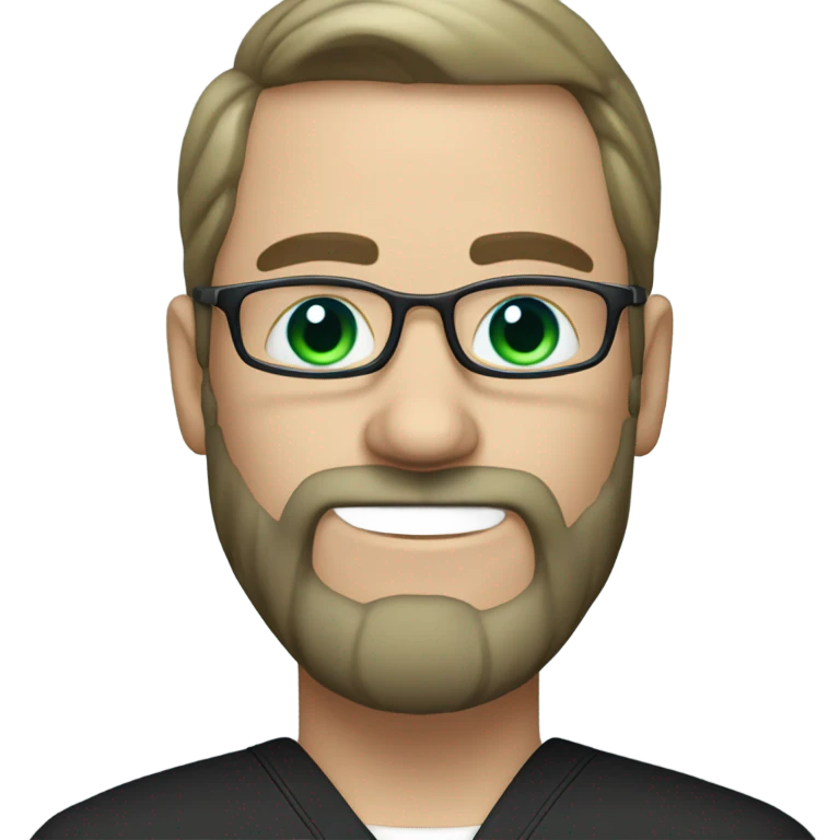 male dark blond with grey beard doctor with blue-green eyes and wire glasses in black scrubs holding a paintbrush emoji