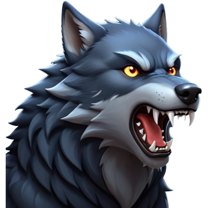 cinematic-noble-fierce-werewolf-howling-portrait-emoji, poised-and-imposing, with a fierce wolfish face tilted upwards in a haunting howl, glowing eyes full of primal ferocity, sharp, and a rugged snout, fur rippling in shades of midnight black and silver, muscles tensed as the powerful howl echoes beneath the moonlit sky; rendered with realism, capturing the raw, untamed power of the beast in its wild, primal state emoji
