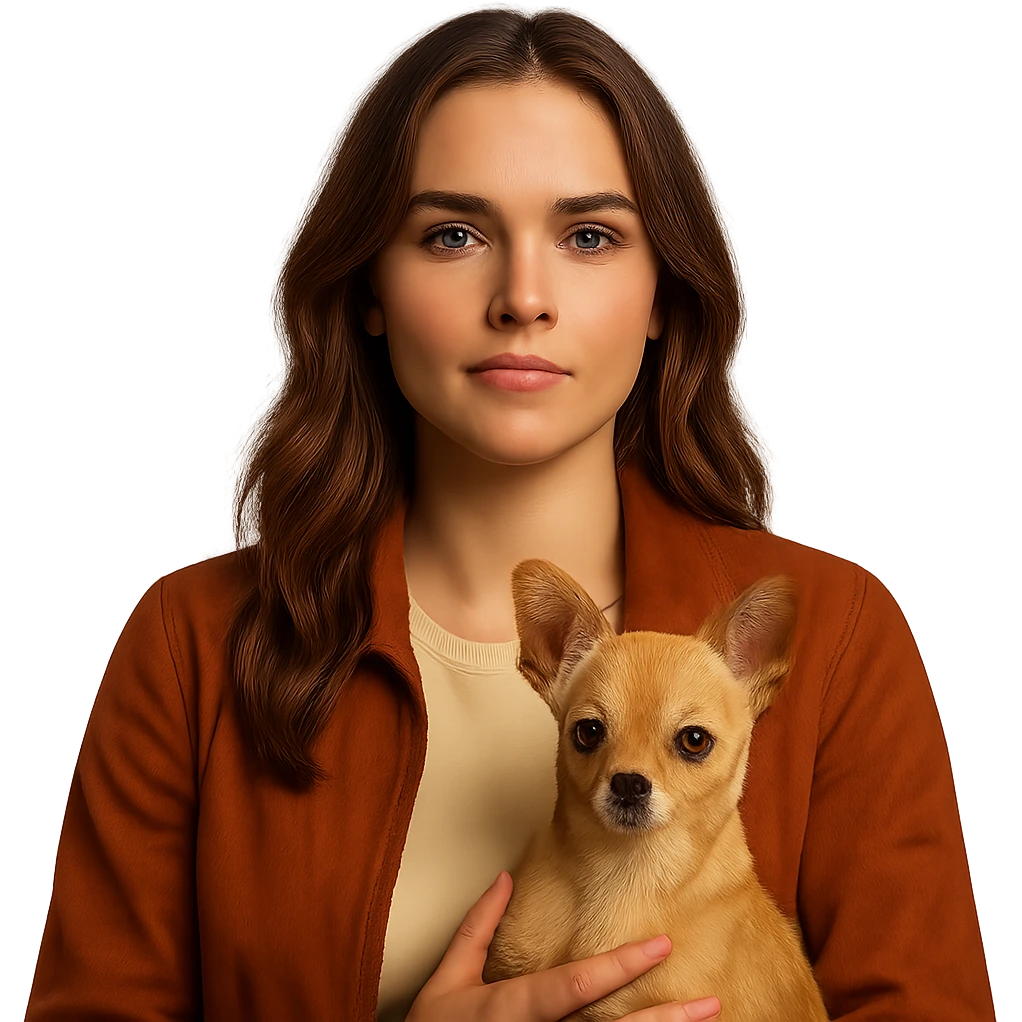 Portrait centered for Instagram profile picture, inspired by the facial features visible in the reference images, with tanned skin and subtle freckles, wearing a shirt color #FFF8CA and a rust-colored jacket, medium-length brown hair with auburn highlights, proud and confident expression, holding a beige-brown chihuahua, Netflix series style, transparent background, intimate Tenerife ambiance. emoji