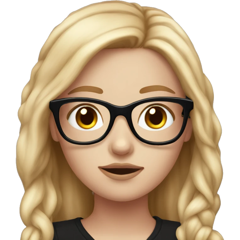 Hyperrealistic white girl with long blush hair with black glasses on, she is wearing a bla emoji