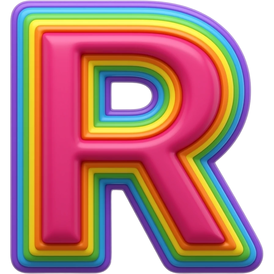 name "R" in raspberry color 3D style typography lettering, each color of the rainbow as a border outlined around each letter, isolated, 3d rendering, no emoji icons no emoji faces and must have no human figures emoji