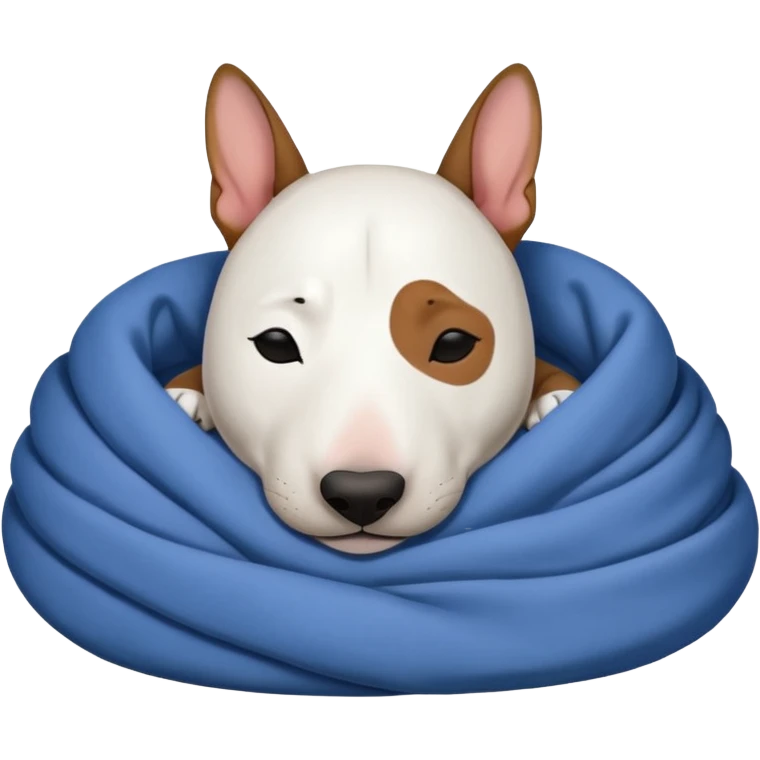 bull terrier sleeping cozy with blanket black head and eats emoji