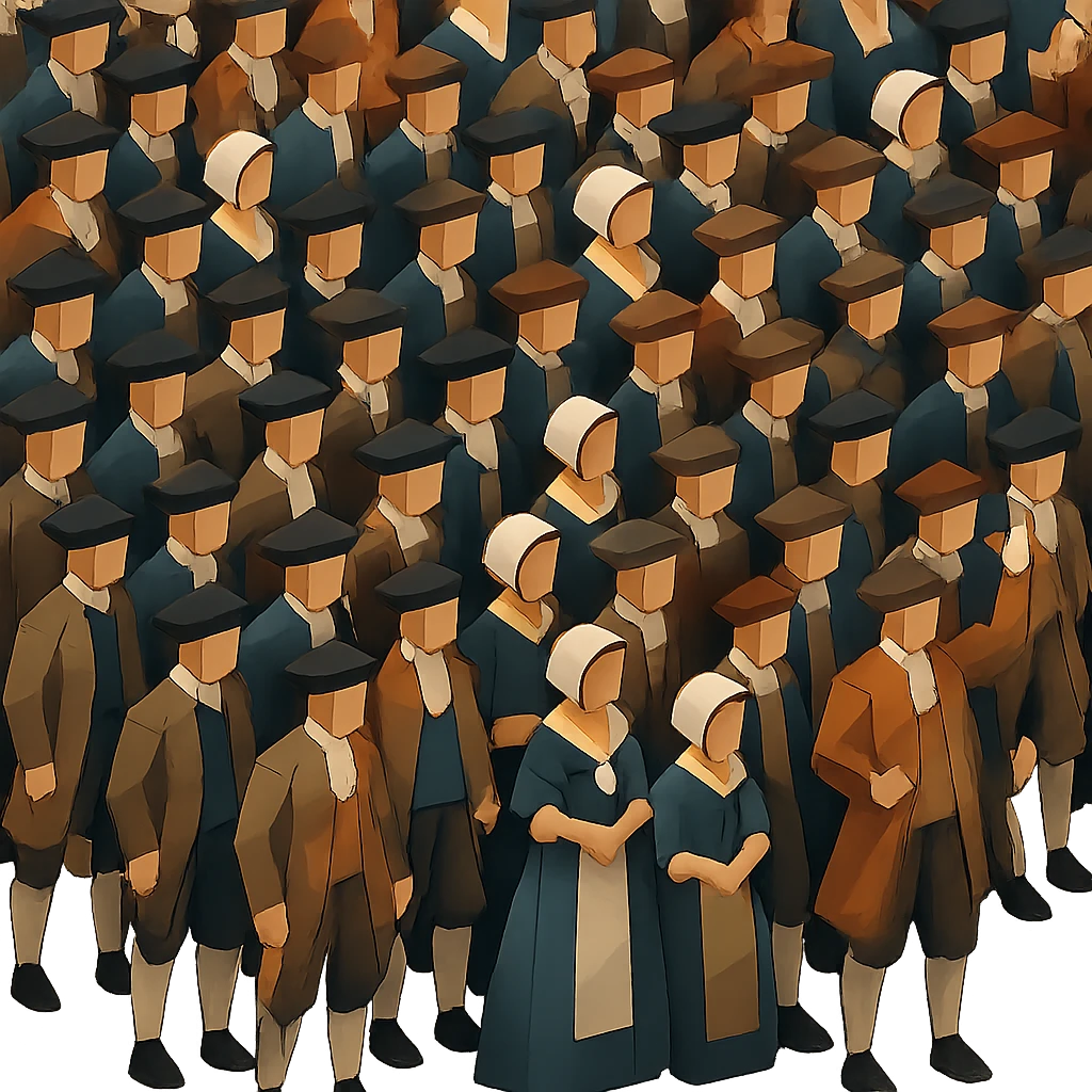 Make the 18th century crowd much larger, isometric view, no background, polygonal style. emoji