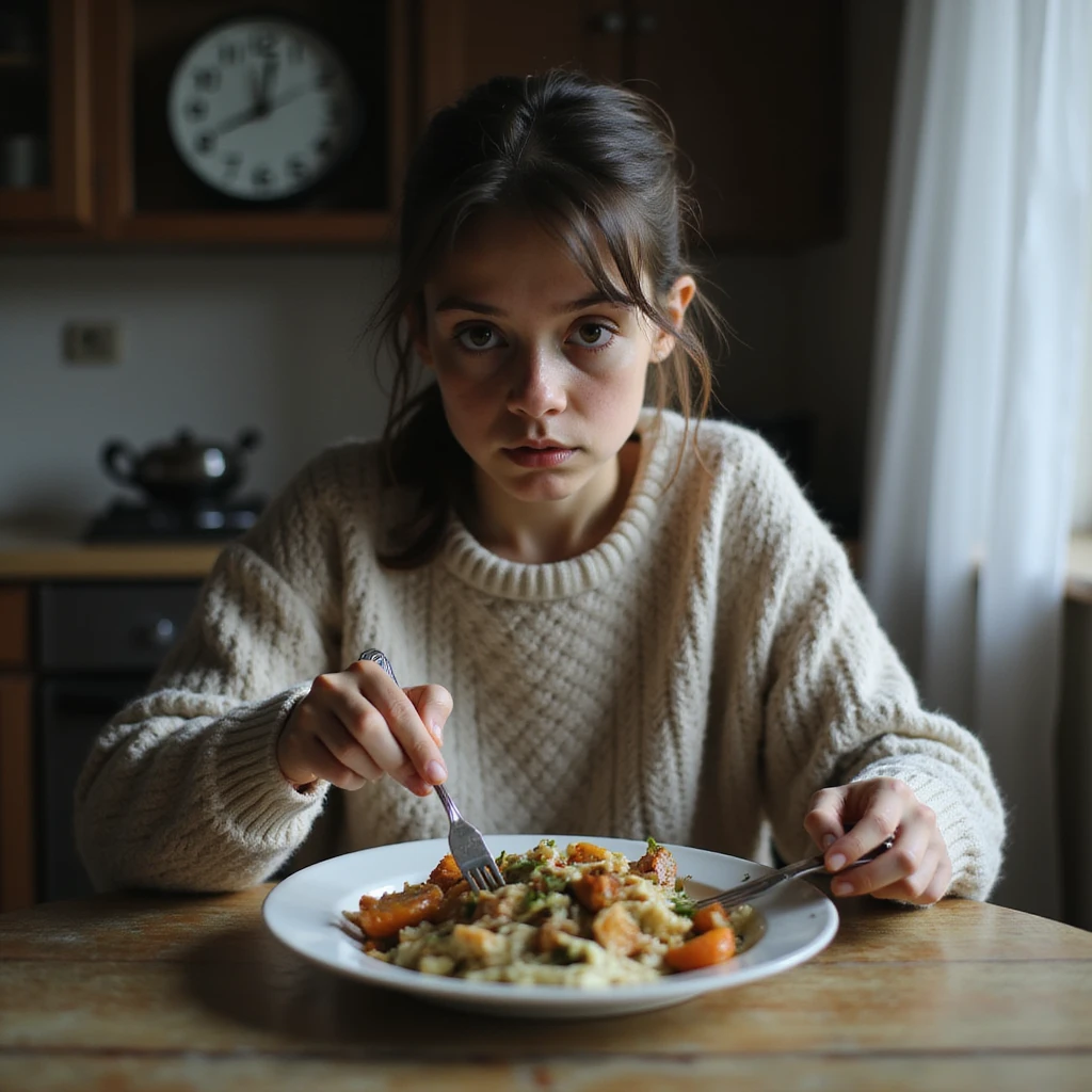 thin young woman pushing food around her plate with a fork, dark circles under her eyes, wearing an oversized sweater emphasizing frail frame, kitchen clock in background showing 3PM, cold uneaten dinner on table, natural light highlighting hollow cheeks, hyperrealistic 4K details emoji