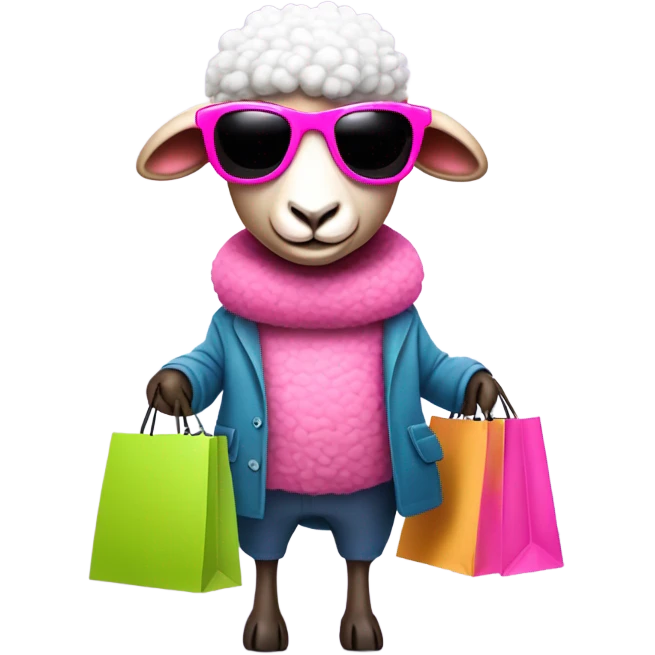 Diva pink sheep with sunglasses holding two shopping bags emoji