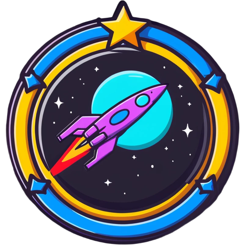 achievement medal for Star Citizen Hathor activity, cartoon-inspired, includes a star and spaceship, sci-fi, colorful and fun emoji