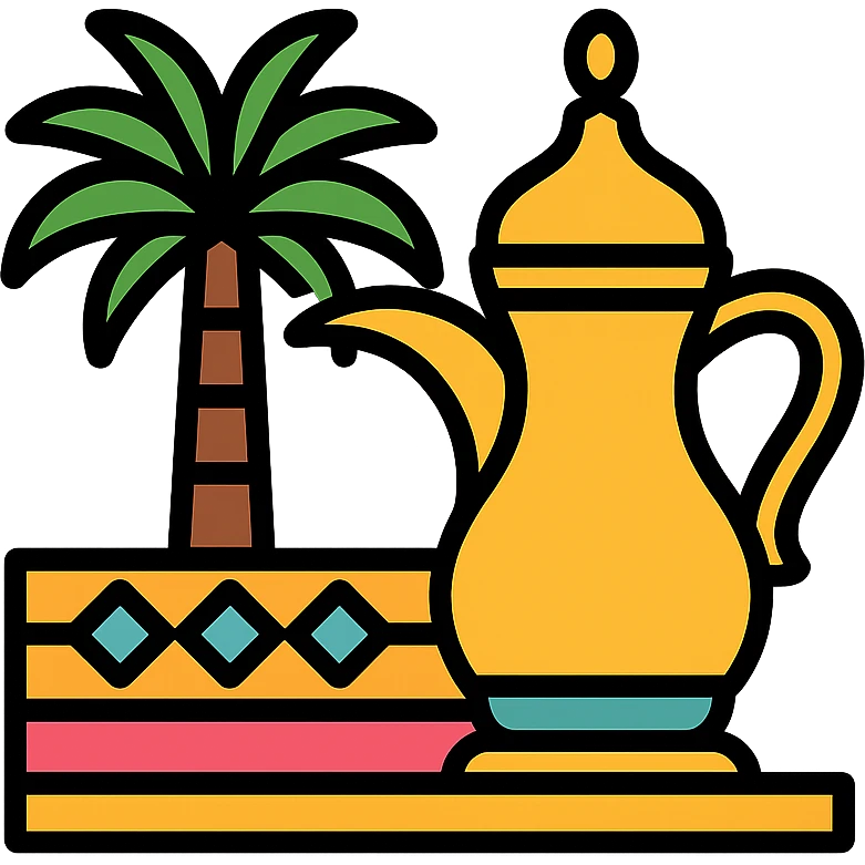 icon representing Saudi culture with traditional elements such as palm trees, coffee pot (dallah), and geometric patterns, modern clean style emoji