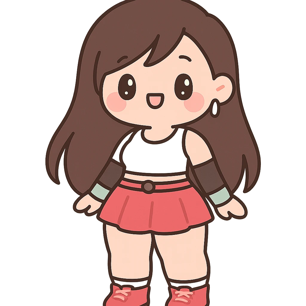 anime style Tifa Lockhart with thick thighs, standing pose, smiling, classic outfit emoji