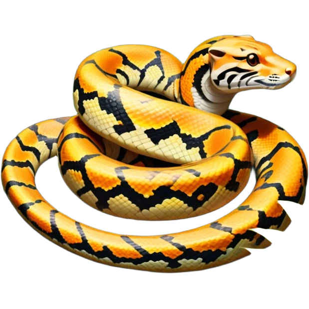 Tiger python coiled up on the ground, blending with the dense jungle foliage. Its distinct orange and black stripes stand out against the vibrant green of leaves and plants. Sunlight filters through the trees, highlighting the snake's patterned scales. Transparent background. emoji