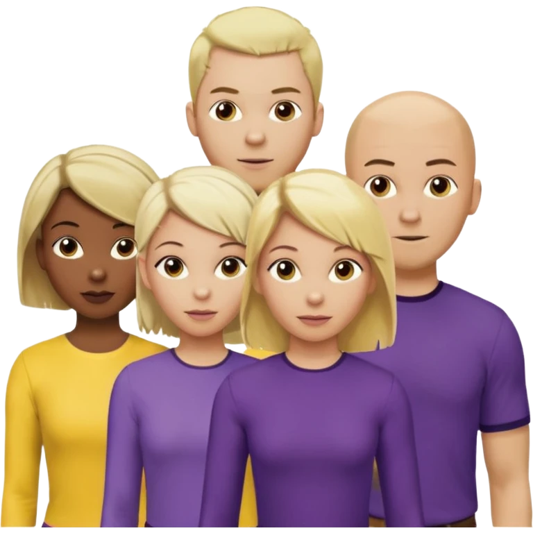 5 person team; 2 men and 3 women.  All dressed in yellow or purple.  1 caucasian woman with blonde mid length hair. 1 caucasian woman with blonde short length hair. 1 caucasian woman has ash blonde hair tied up. 1 man is African-american and bald, 1 man is caucasian and very little hair left.  
 emoji