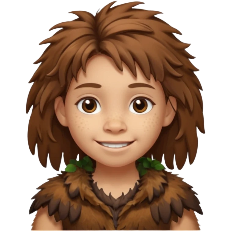 smiling Neanderthal girl kid with messy hair and animal skin clothing emoji