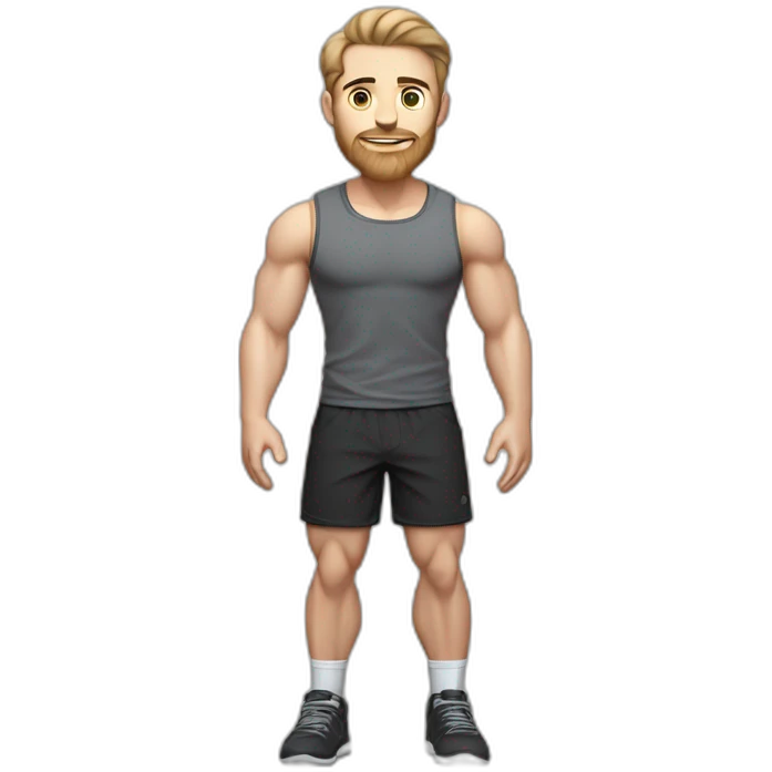 Full height Pale skinned muscular man With Realistic eyes and mouth, light brown hair and stubble In dark gray sleeveless mike, black oversize sports shorts, watch and white sneakers. emoji