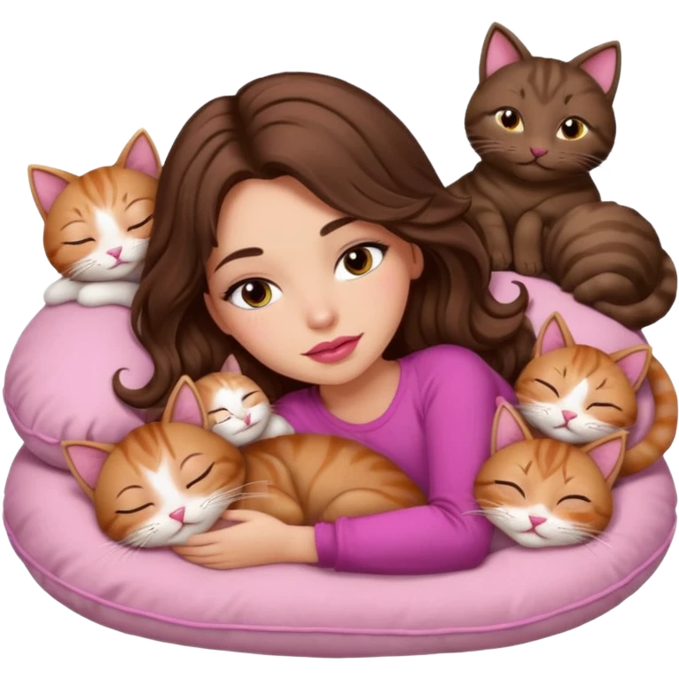 girl with long wavy brown hair, brown eyes, long lashes makeup, sexy pink lips, sleeping on a cozy pillow with 6 cats emoji
