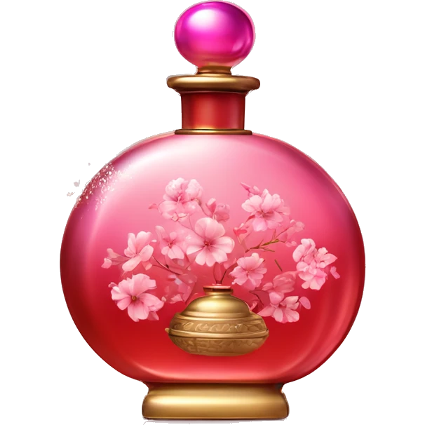An antique perfume gradient red and pink bottle in oriental style, oil perfumes inside, sequins and flowers flying around emoji