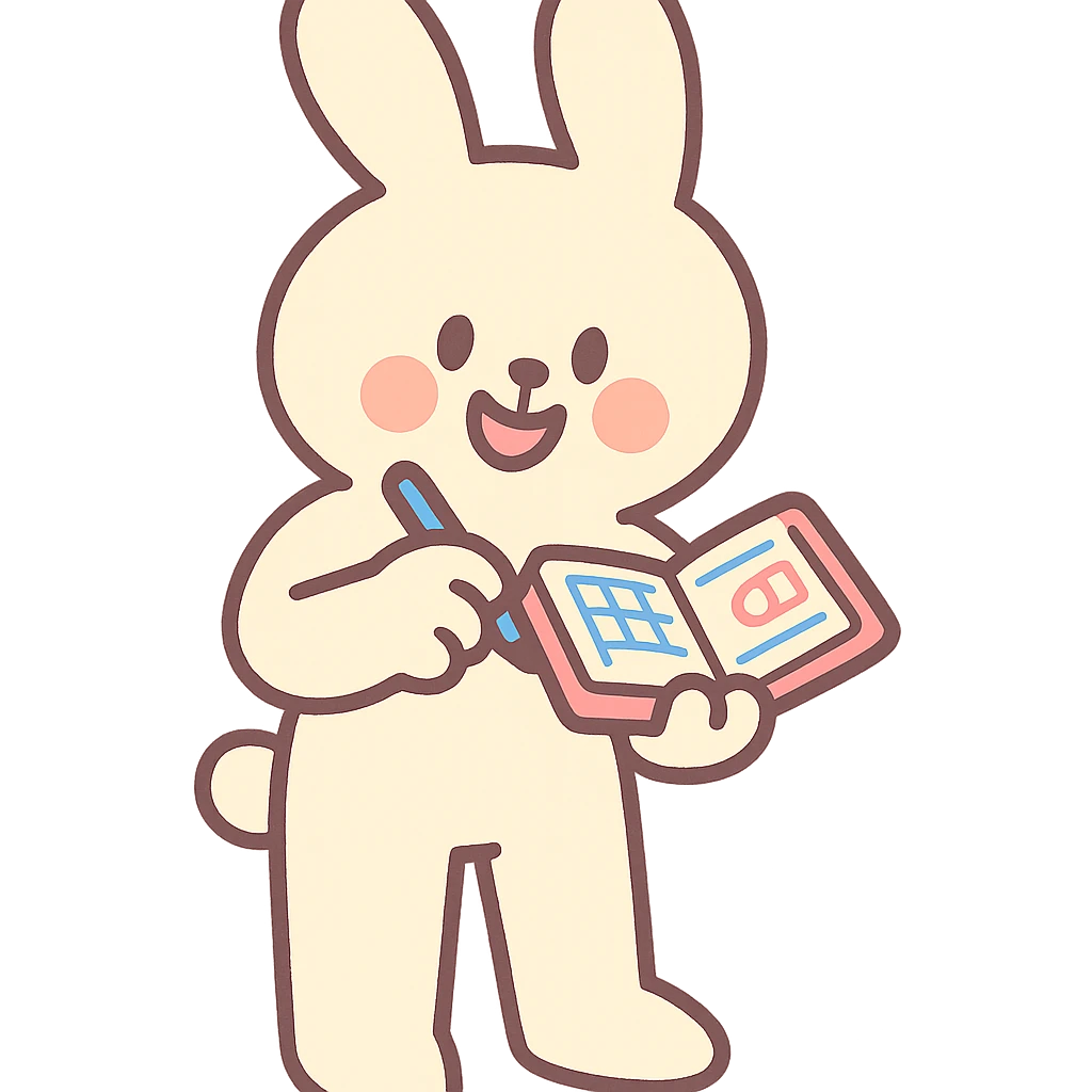 cream bunny writing in planner, standing, pastel-toon style emoji