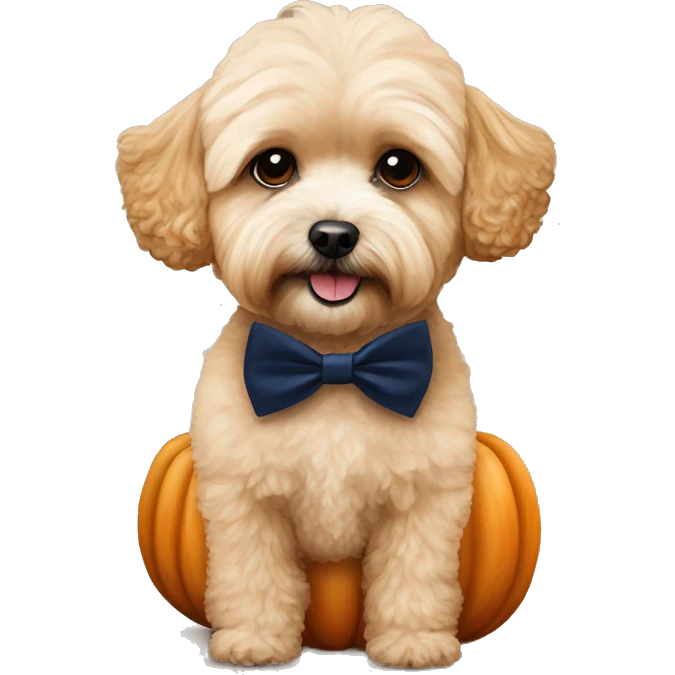 apricot maltipoo sitting on a large pumpkin wearing a navy blue bow tie emoji