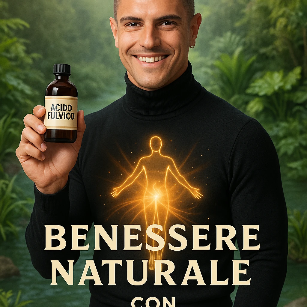 Create a vertical 9:16 wellness semi-realistic style image of a man with the face from the reference image. He is holding a bottle labeled 'acido fulvico'. Show translucent energy on the abdomen. The environment is natural with plants and clean water. Include Italian text. emoji