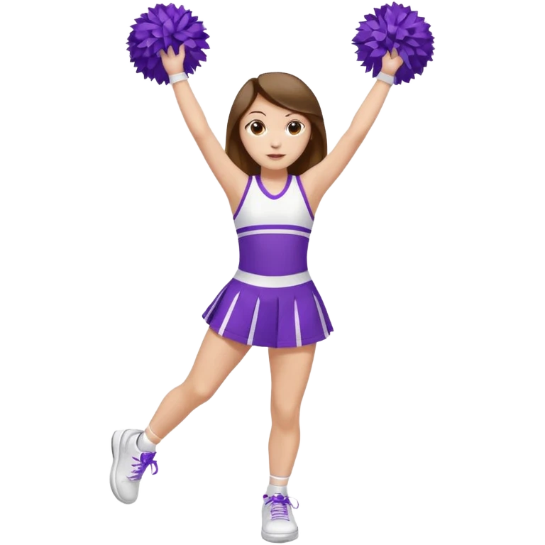 White girl with brown hair, wearing a white and purple chair, dress with one leg in posse and the other one straight and have her wearing  white tennis shoes and have one hand on her hip and the other hand in the air with a purple and yellow pom pom emoji