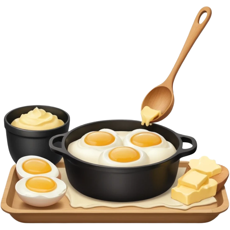 A carton of eggs, butter and a cream ceramic baking bowl with a wooden spoon in it emoji